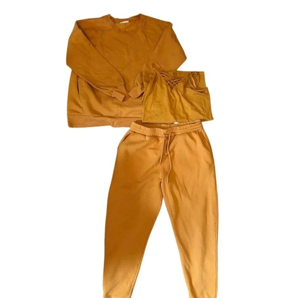 Zenana Outfitters 3 Piece Loungewear Set Mustard Yellow Sweatshirt JoggersCami1X